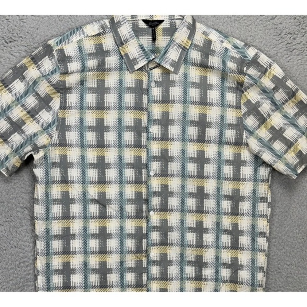 Goodman Brand Adult Men Button Up Shirt XL Gray Yellow Plaid Short Sleeve Casual